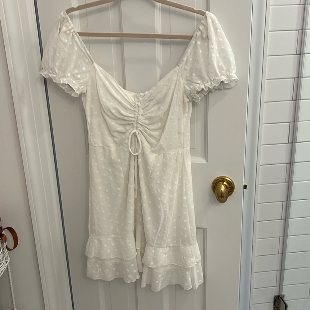 Princess Polly White Babydoll Cinched Mini Dress w/ Small Flowers & Bow